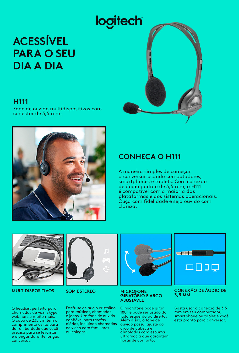 Headset Logitech H111 Analógico Estéreo Cinza - 981-000612-C